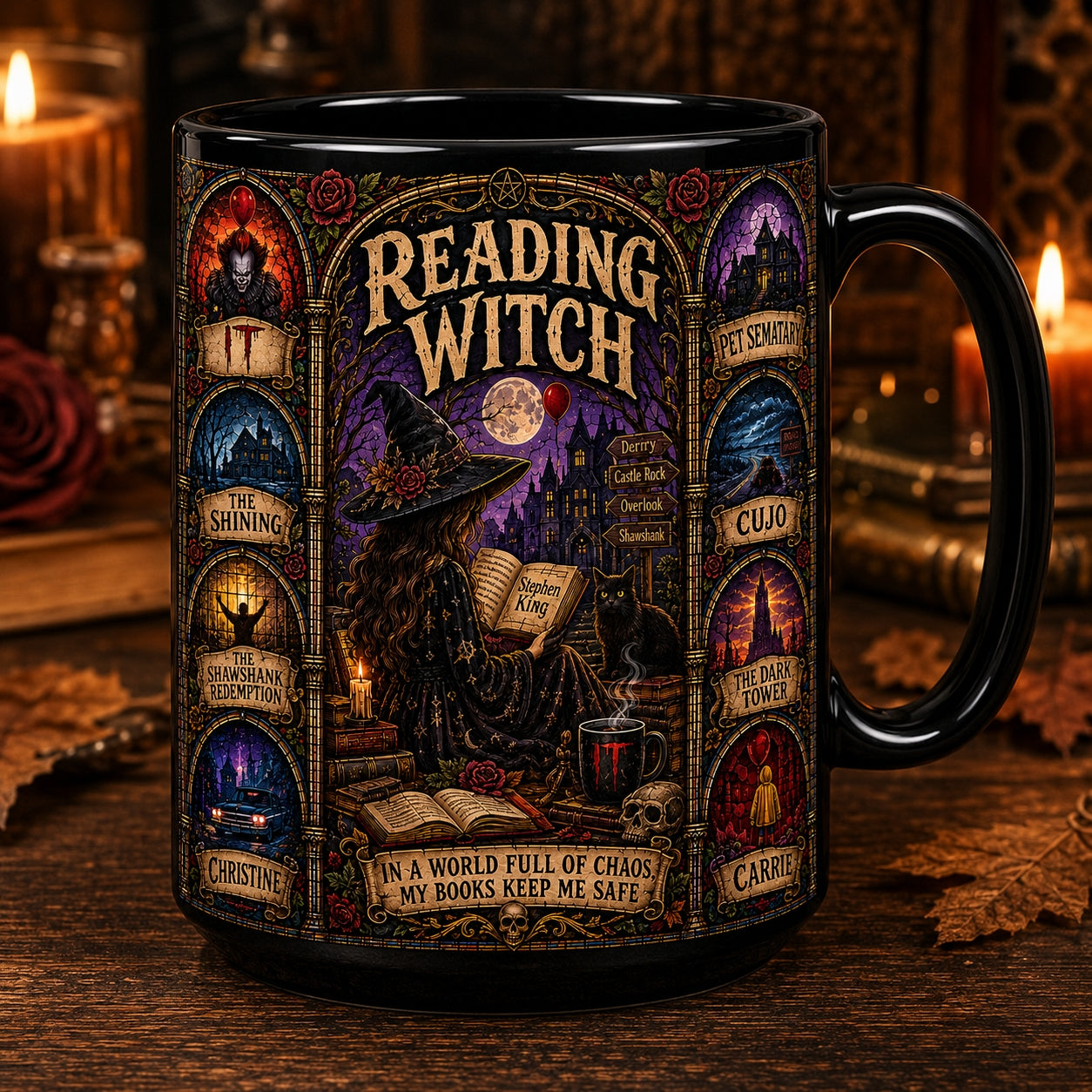 Reading Witch Mug – Stephen King Stained Glass Horror Book Lover Ceramic Coffee Cup