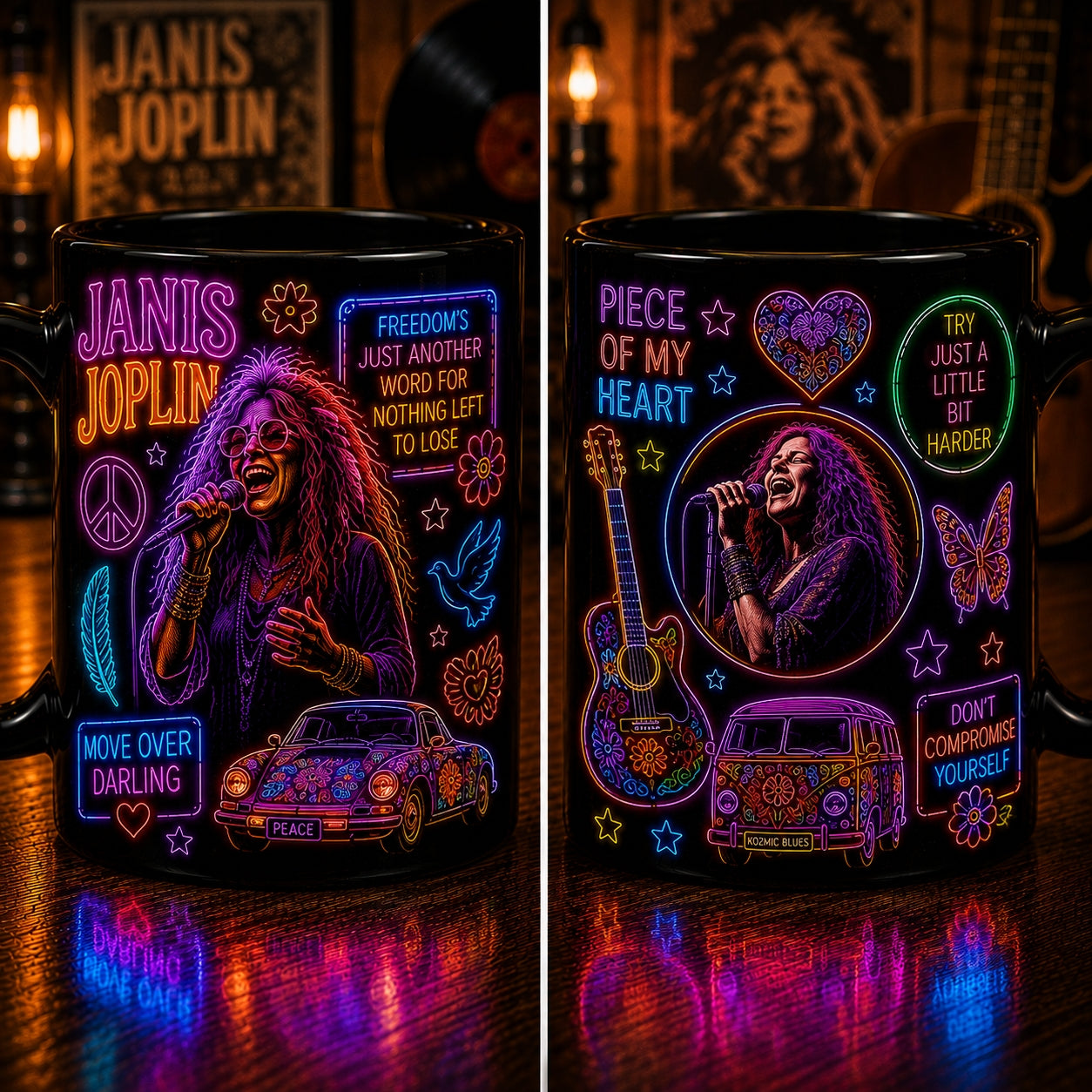 Janis Joplin Neon Sign Mug – Glowing Piece Of My Heart Psychedelic Rock Coffee Cup