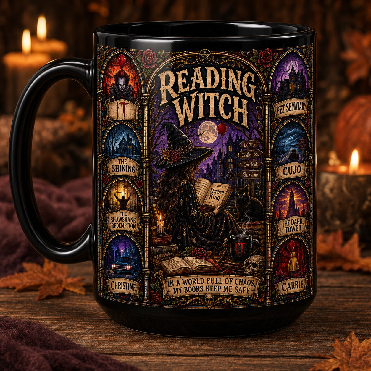 Reading Witch Mug – Stephen King Stained Glass Horror Book Lover Ceramic Coffee Cup