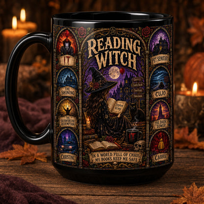 Reading Witch Mug – Stephen King Stained Glass Horror Book Lover Ceramic Coffee Cup