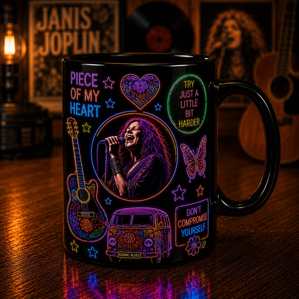 Janis Joplin Neon Sign Mug – Glowing Piece Of My Heart Psychedelic Rock Coffee Cup