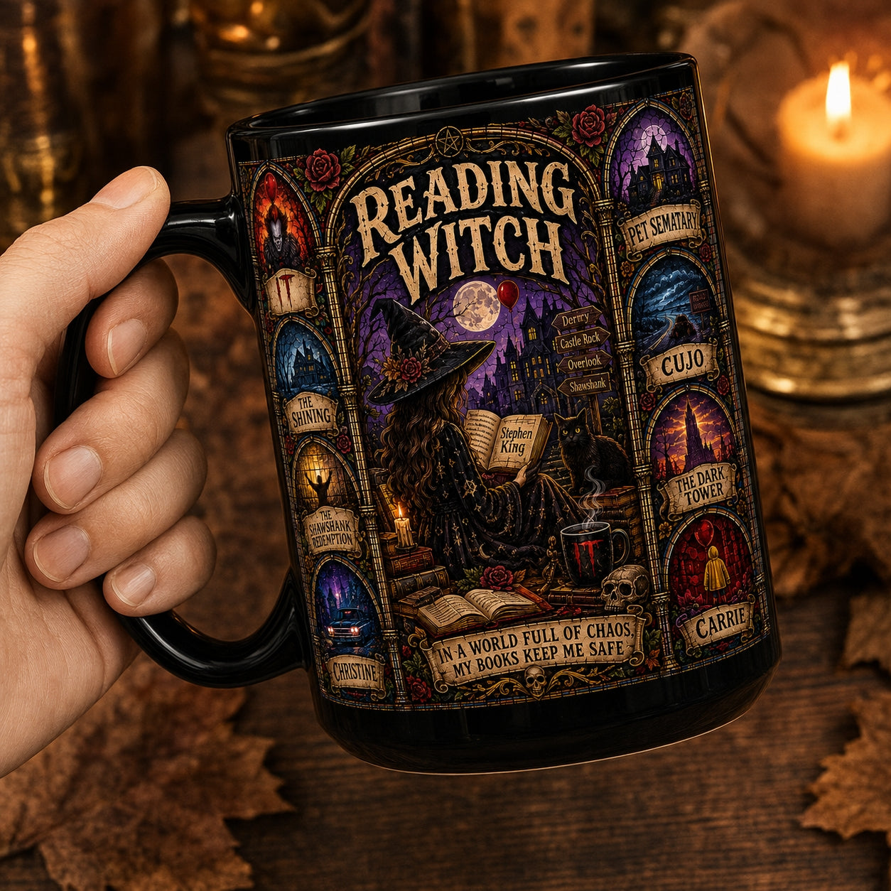 Reading Witch Mug – Stephen King Stained Glass Horror Book Lover Ceramic Coffee Cup