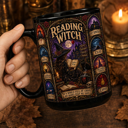 Reading Witch Mug – Stephen King Stained Glass Horror Book Lover Ceramic Coffee Cup
