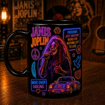 Janis Joplin Neon Sign Mug – Glowing Piece Of My Heart Psychedelic Rock Coffee Cup