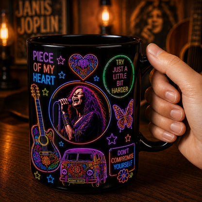 Janis Joplin Neon Sign Mug – Glowing Piece Of My Heart Psychedelic Rock Coffee Cup