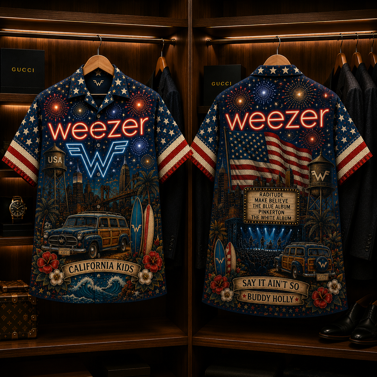 Weezer Band Hawaiian Shirt - Unisex Vintage Flying W Logo California Kids Button Up