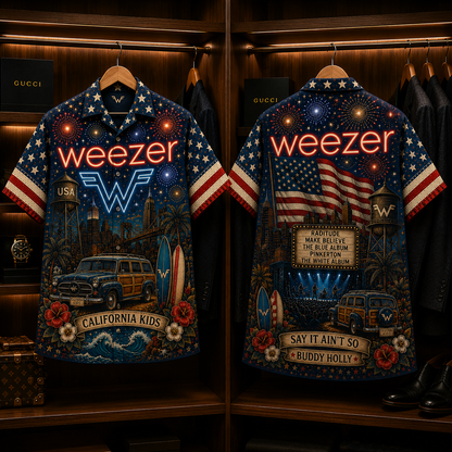 Weezer Band Hawaiian Shirt - Unisex Vintage Flying W Logo California Kids Button Up