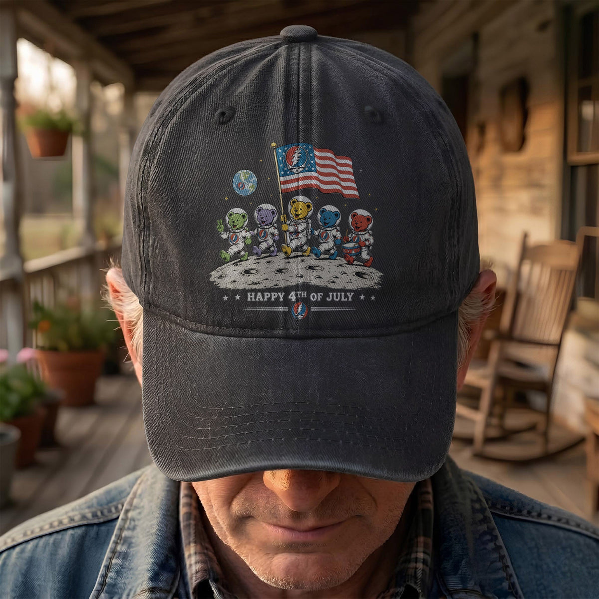 Grateful Dead Happy 4th Of July Dancing Bears Astronaut Patriotic Denim Cap – Retro Vintage Dad Cap Gift For Dad (With Box)