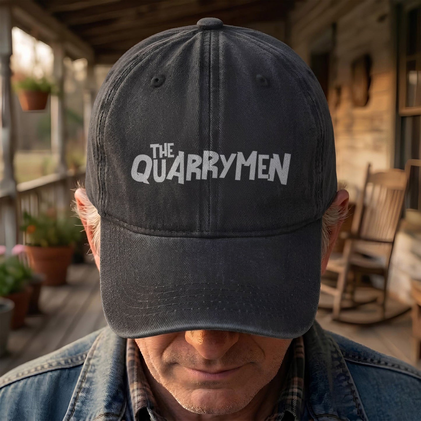 The Quarrymen Text Logo Denim Cap – Retro Rock Music Fan Cap (With Box)
