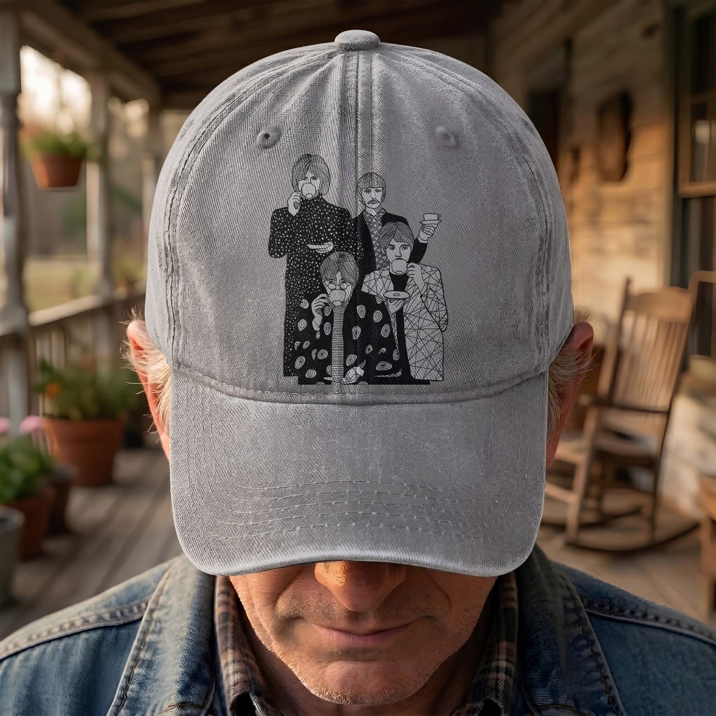 The Beatles Drinking Tea Denim Cap – Retro Vintage Rock Band Dad Cap Gift For Dad (With Box)