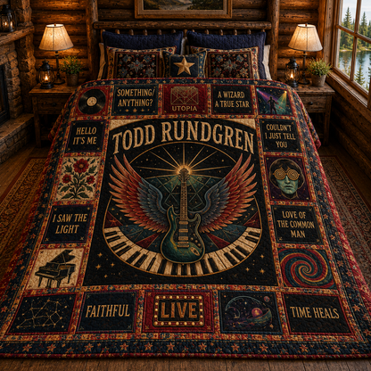 Todd Rundgren Quilt Blanket – Vintage Sherpa Throw, Progressive Rock Patchwork Blanket, Music Lover Gift, Cozy Bed Quilt