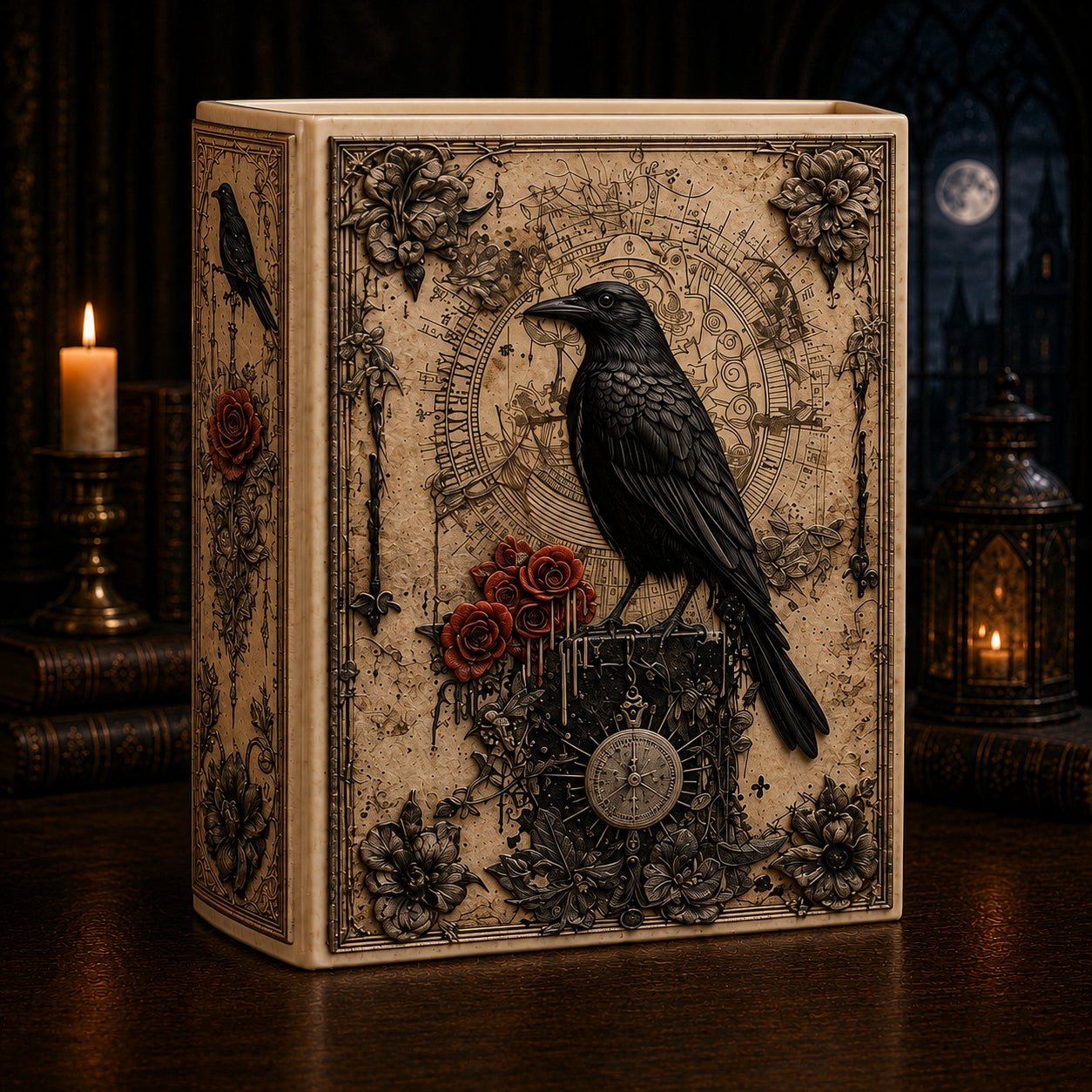 Gothic Raven & Red Roses Ceramic Book Vase | Dark Academia Home Decor & Bookish Gift