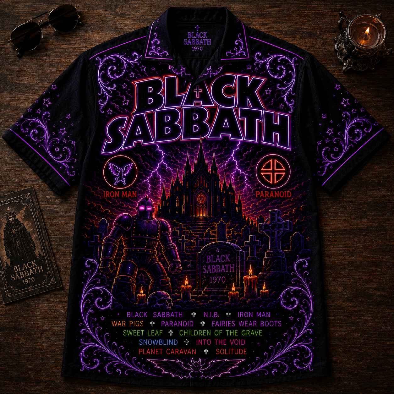 Black Sabbath Hawaiian Shirt - Unisex Neon Light Iron Man Heavy Metal Button Up