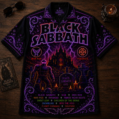 Black Sabbath Hawaiian Shirt - Unisex Neon Light Iron Man Heavy Metal Button Up