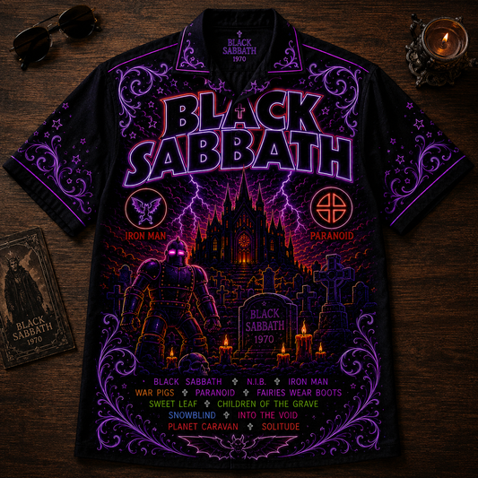Black Sabbath Hawaiian Shirt - Unisex Neon Light Iron Man Heavy Metal Button Up