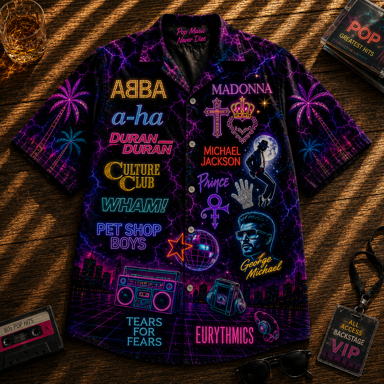 80s Pop Music Hawaiian Shirt - Unisex Vintage Neon Light Button Up