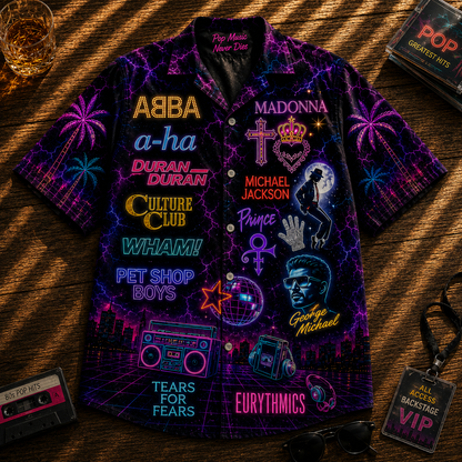80s Pop Music Hawaiian Shirt - Unisex Vintage Neon Light Button Up