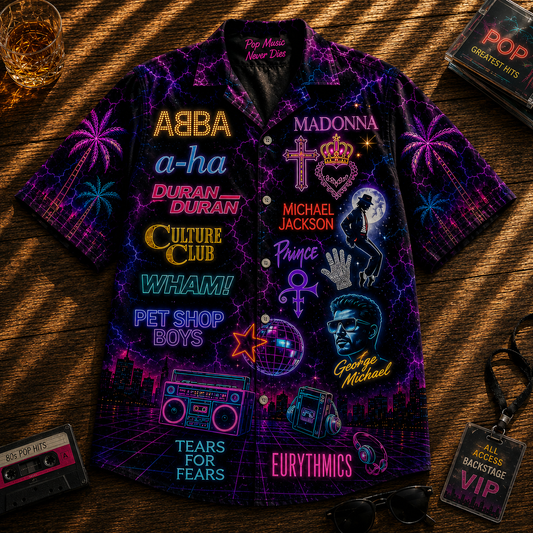80s Pop Music Hawaiian Shirt - Unisex Vintage Neon Light Button Up