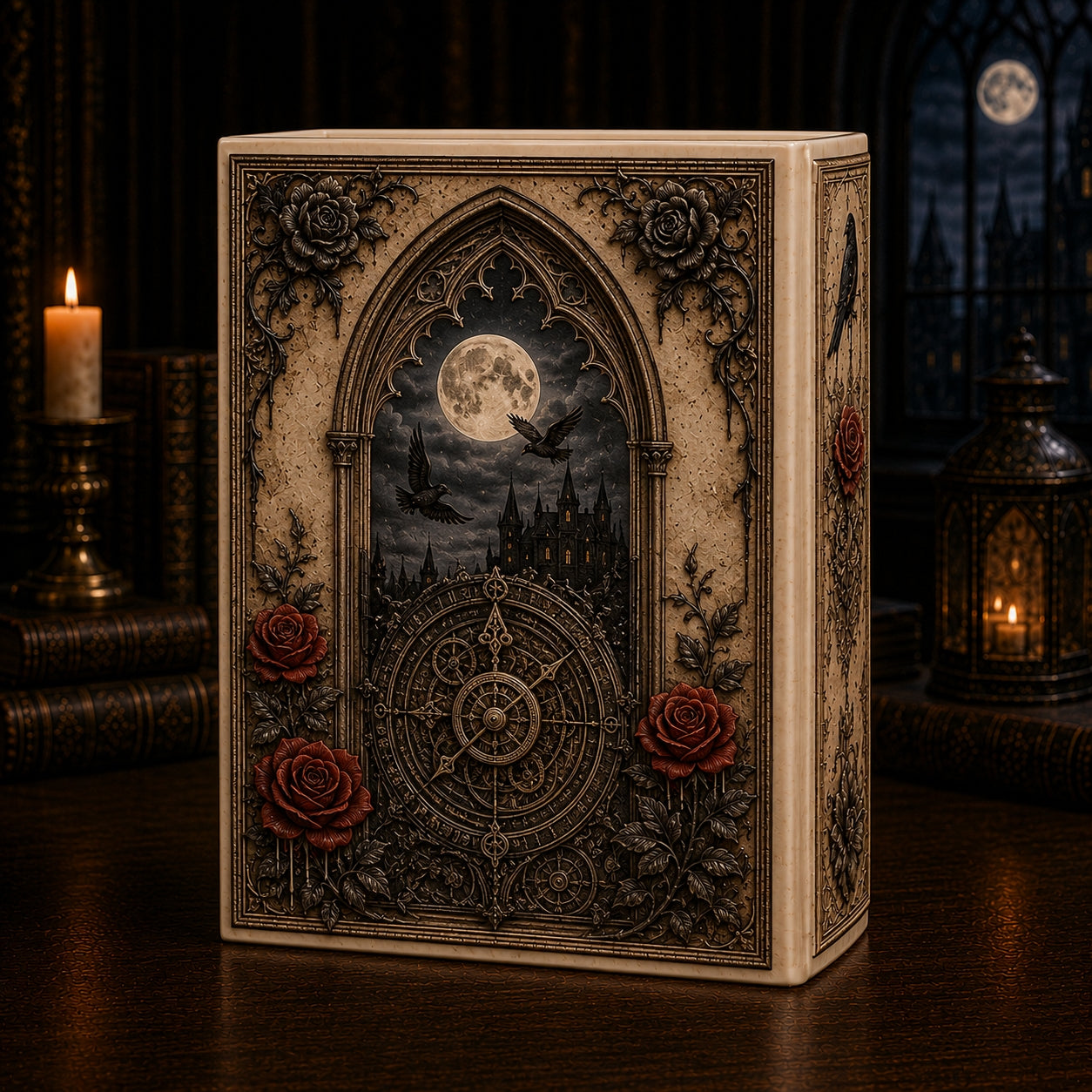 Gothic Raven & Red Roses Ceramic Book Vase | Dark Academia Home Decor & Bookish Gift