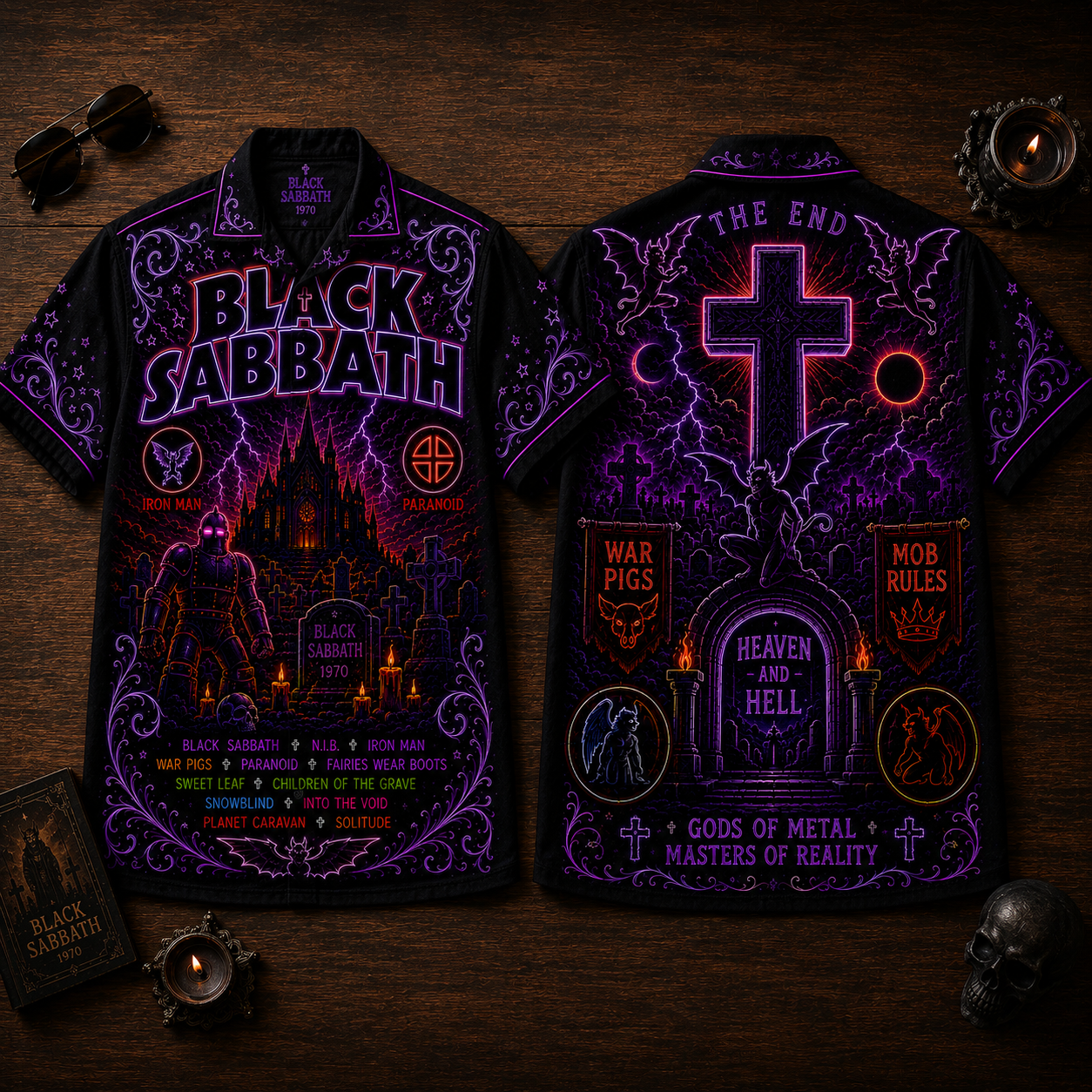 Black Sabbath Hawaiian Shirt - Unisex Neon Light Iron Man Heavy Metal Button Up