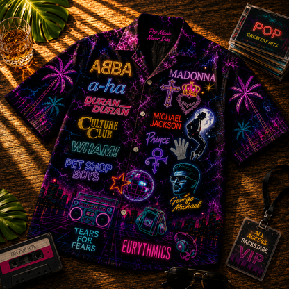 80s Pop Music Hawaiian Shirt - Unisex Vintage Neon Light Button Up