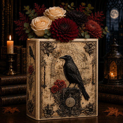 Gothic Raven & Red Roses Ceramic Book Vase | Dark Academia Home Decor & Bookish Gift