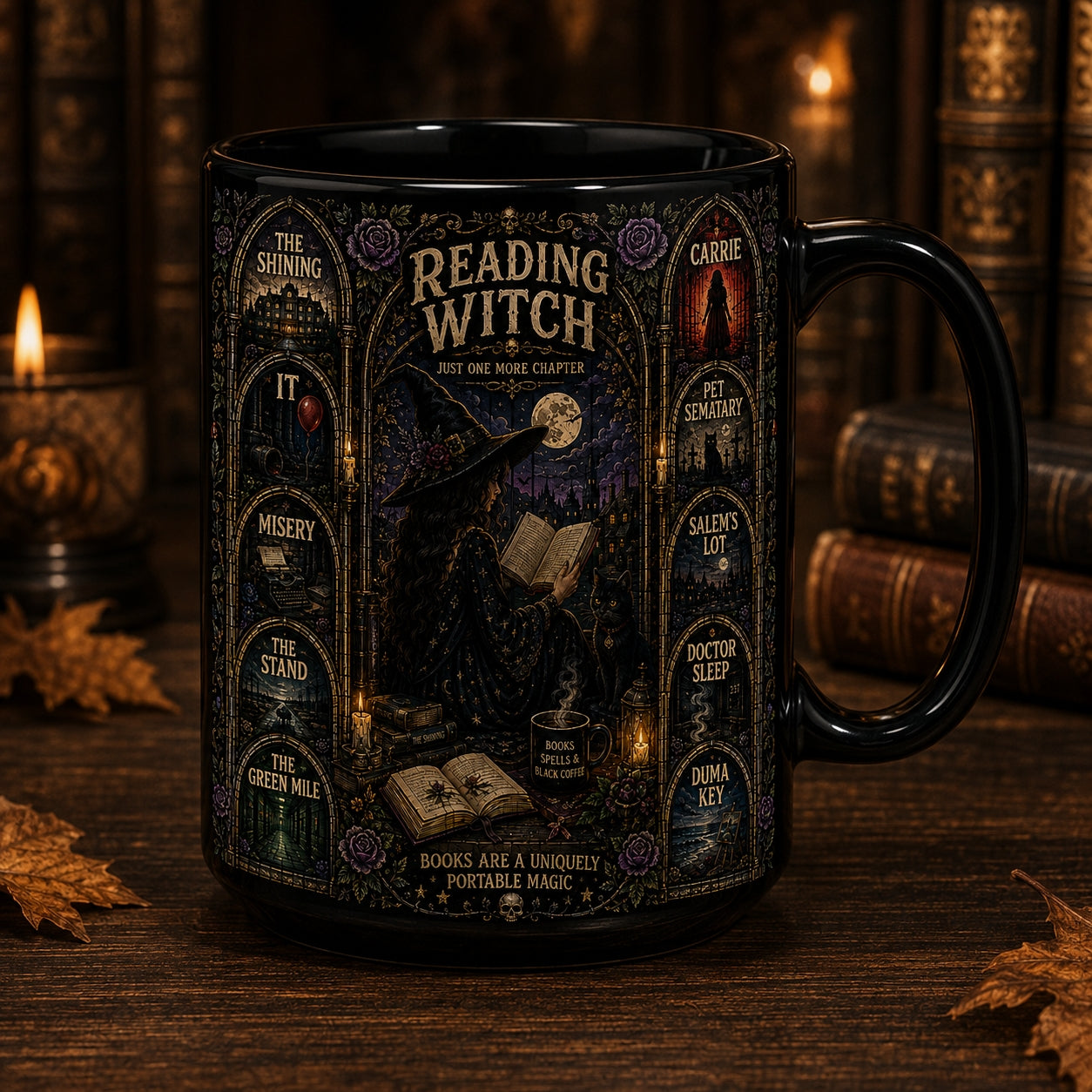Reading Witch Mug – Just One More Chapter Stephen King Stained Glass Coffee Cup