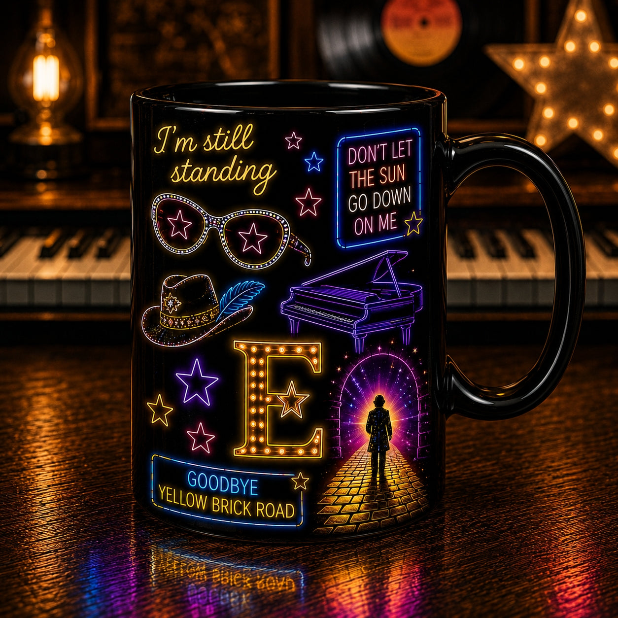 Elton John Ceramic Mug – Retro Neon Light Goodbye Yellow Brick Road Coffee Cup