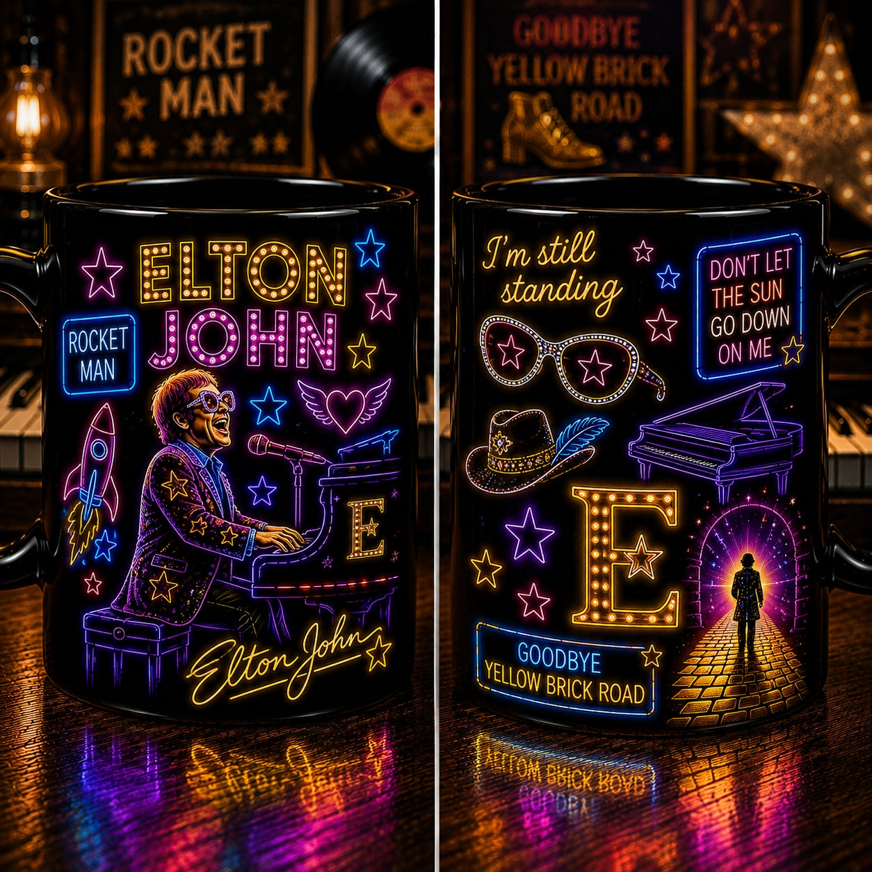 Elton John Ceramic Mug – Retro Neon Light Goodbye Yellow Brick Road Coffee Cup