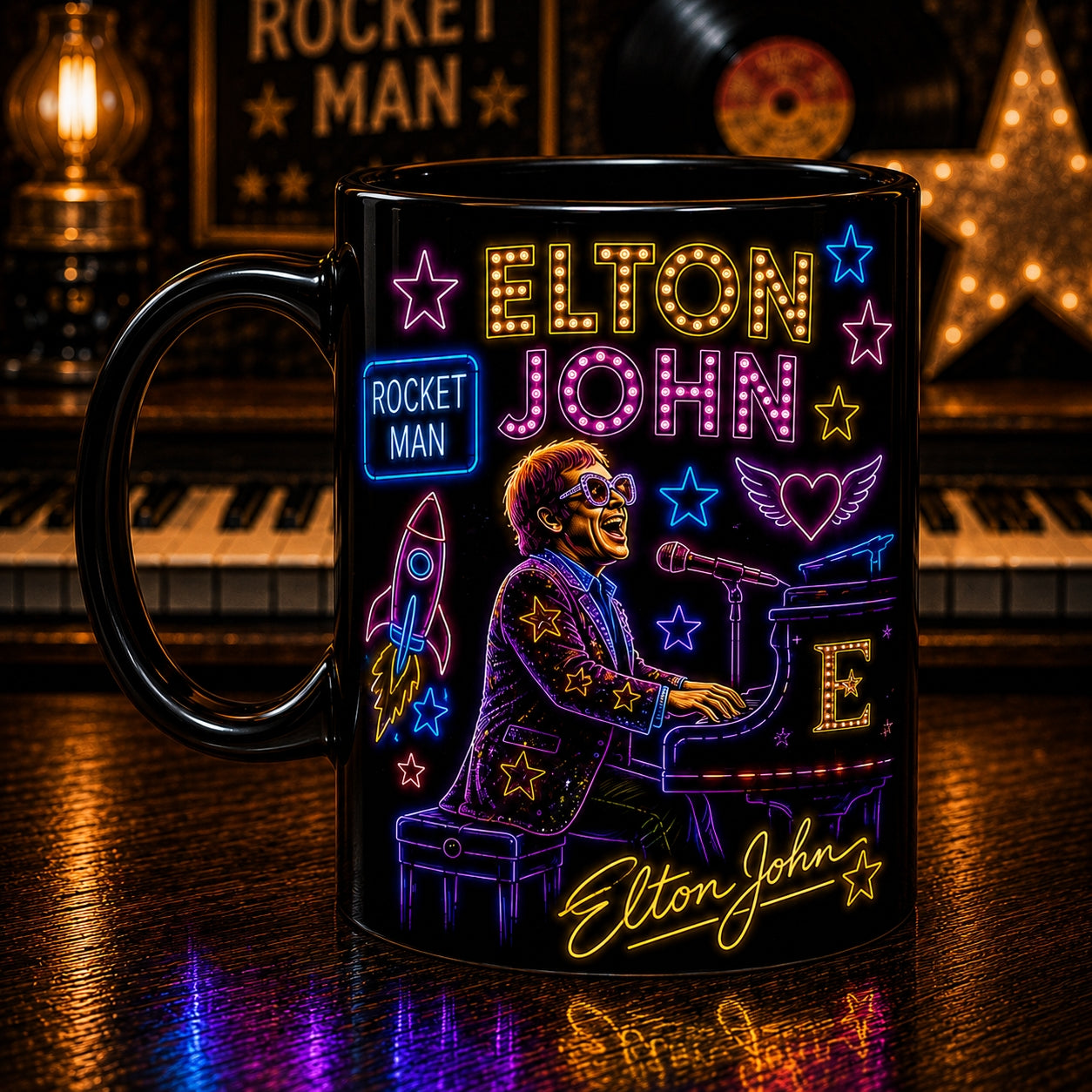 Elton John Ceramic Mug – Retro Neon Light Goodbye Yellow Brick Road Coffee Cup