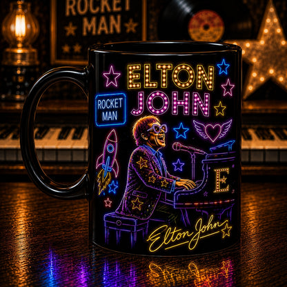 Elton John Ceramic Mug – Retro Neon Light Goodbye Yellow Brick Road Coffee Cup