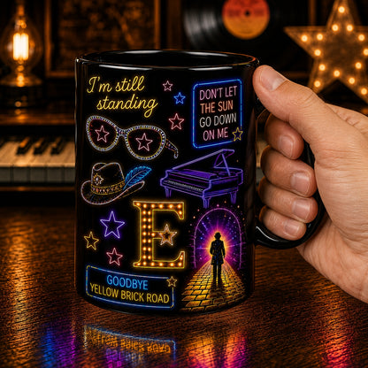 Elton John Ceramic Mug – Retro Neon Light Goodbye Yellow Brick Road Coffee Cup