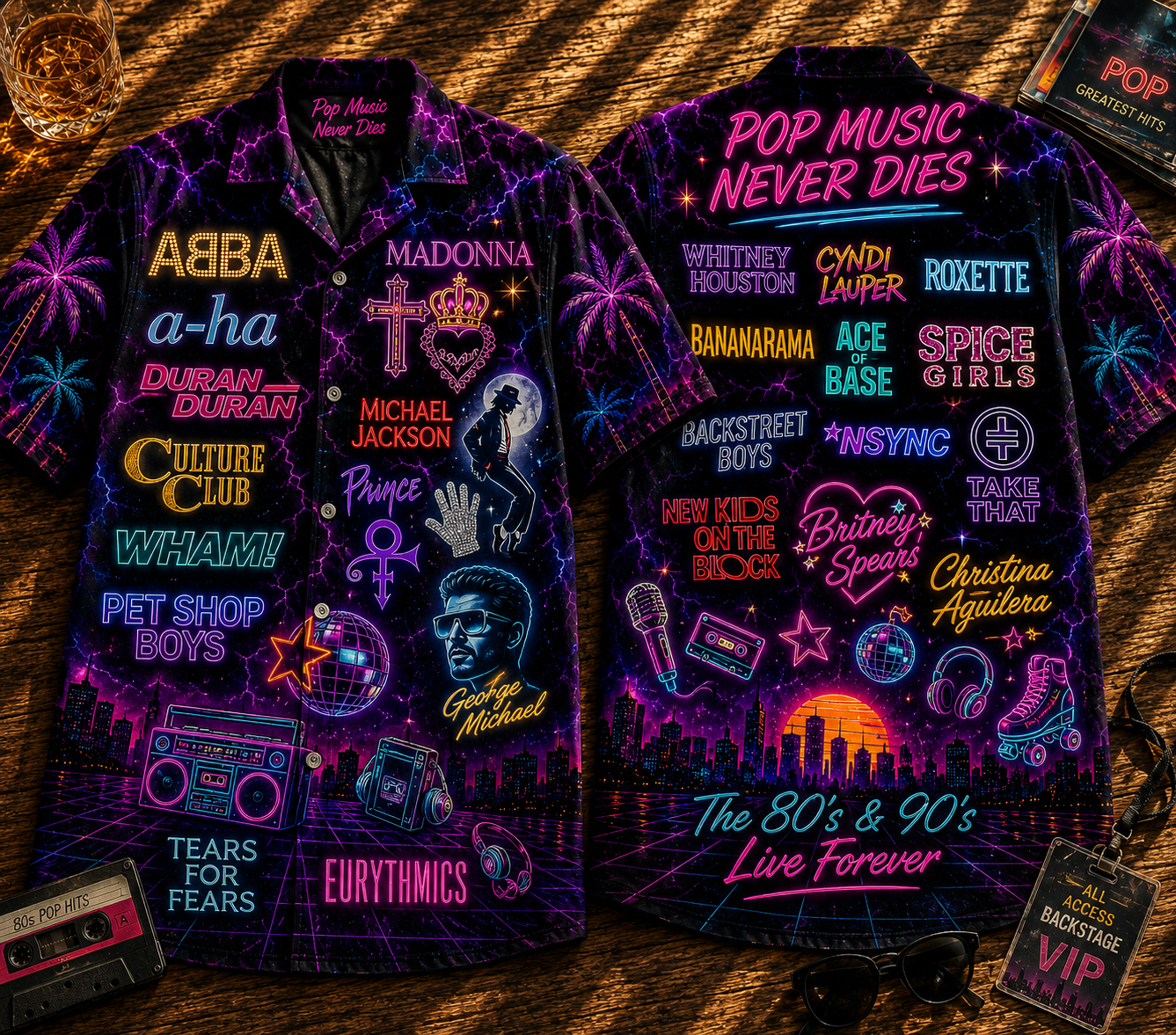 80s Pop Music Hawaiian Shirt - Unisex Vintage Neon Light Button Up