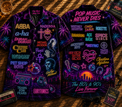 80s Pop Music Hawaiian Shirt - Unisex Vintage Neon Light Button Up