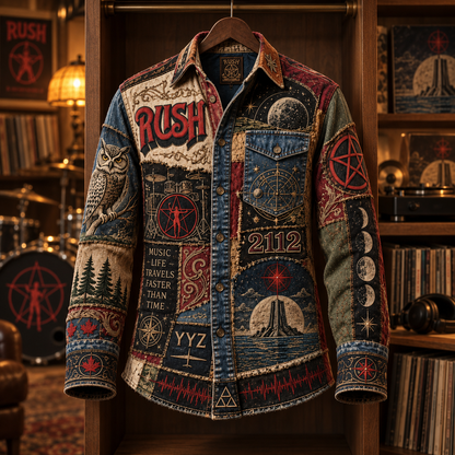 Rush Patchwork Long Sleeve Shirt – 2112 Starman, YYZ & Owl Vintage Rock Button Up, Progressive Rock Collage Fan Gift