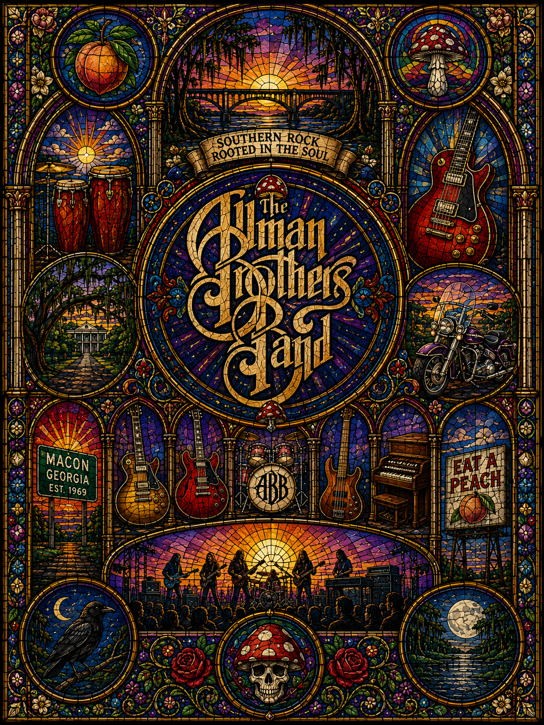 The Allman Brothers Band Sherpa Blanket – Stained Glass Southern Rock Throw Blanket