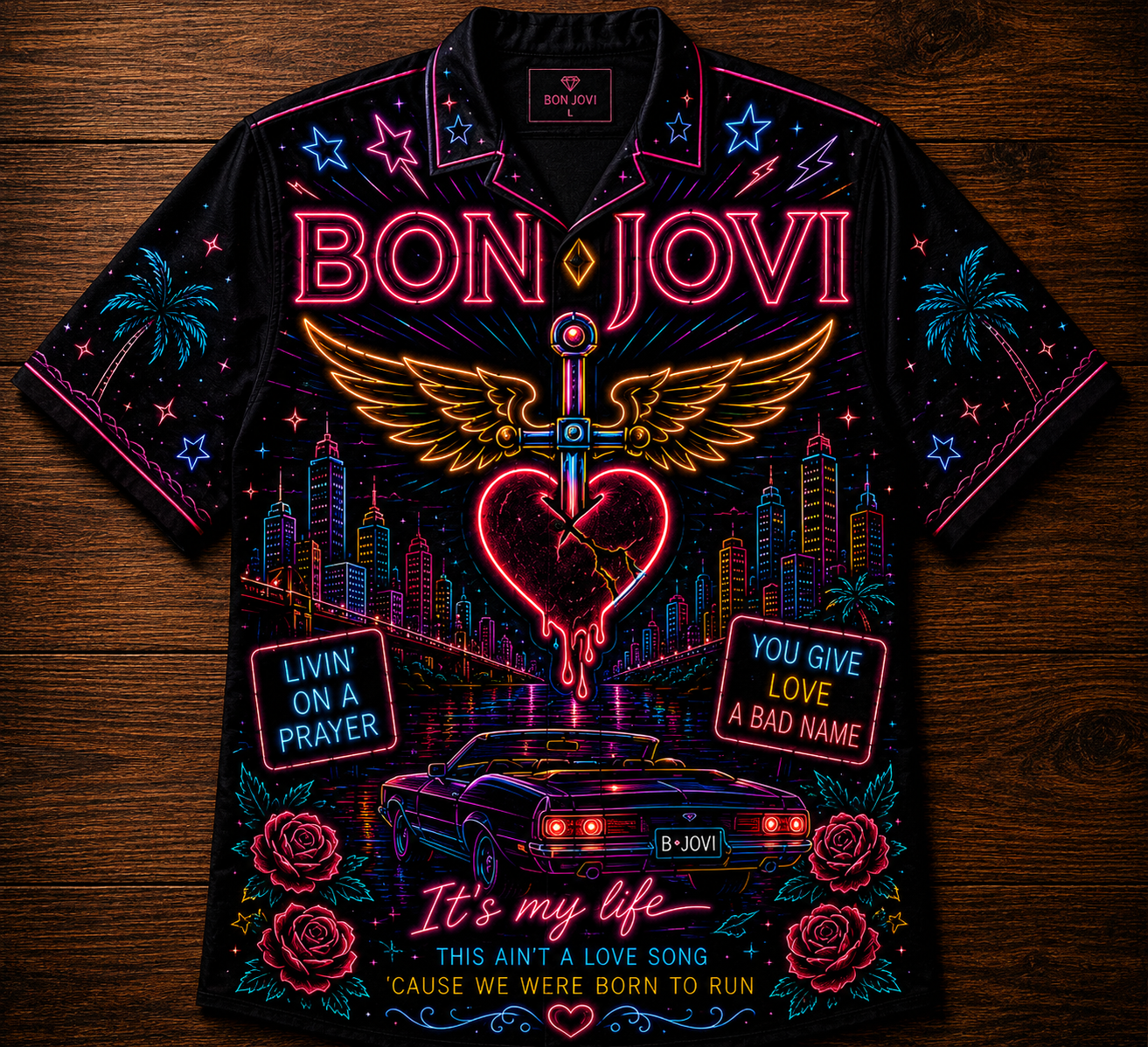 Bon Jovi Hawaiian Shirt - Unisex Front Back Neon Light Heart Dagger Button Up