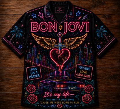Bon Jovi Hawaiian Shirt - Unisex Front Back Neon Light Heart Dagger Button Up