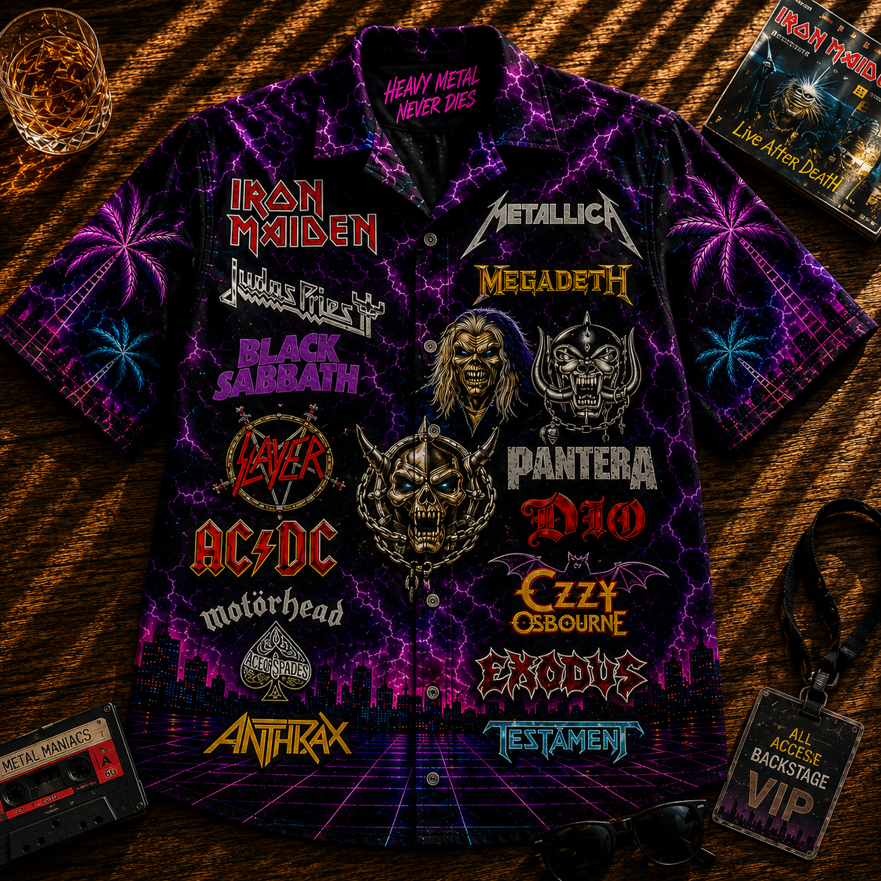 Heavy Metal Hawaiian Shirt - Unisex Thrash Metal Vintage Neon Light Button Up