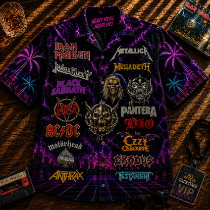 Heavy Metal Hawaiian Shirt - Unisex Thrash Metal Vintage Neon Light Button Up