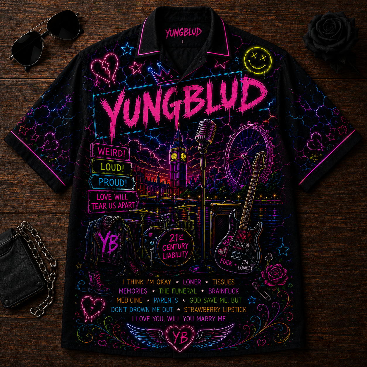 Yungblud Hawaiian Shirt - Unisex Neon Light London Big Ben Button Up