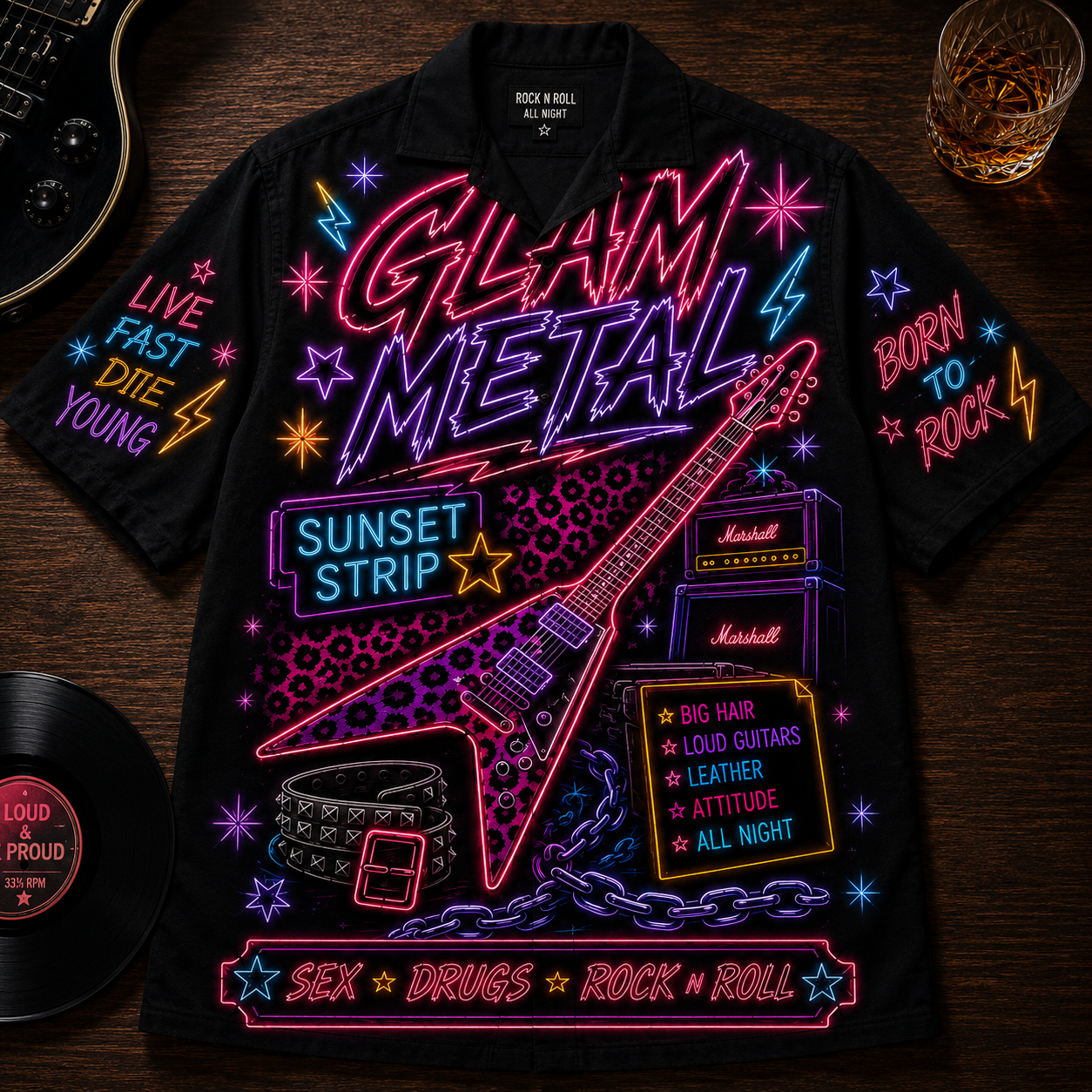 Glam Metal Hawaiian Shirt - Unisex Front Back Neon Light Flying V Guitar Button Up