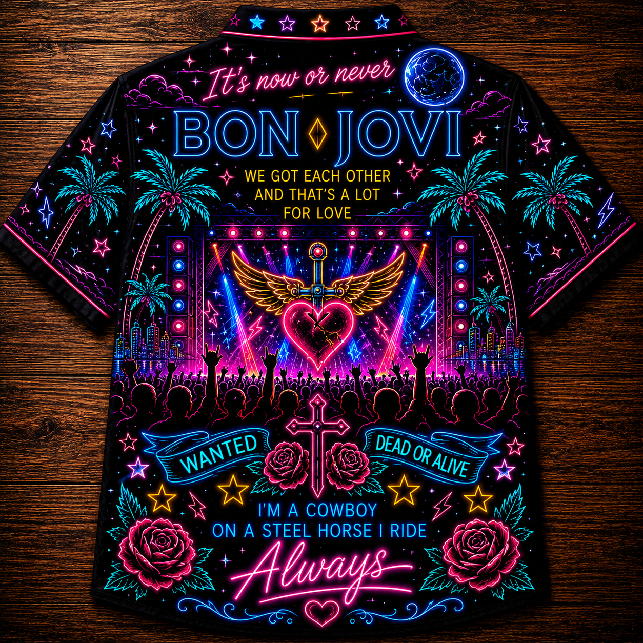 Bon Jovi Hawaiian Shirt - Unisex Front Back Neon Light Heart Dagger Button Up