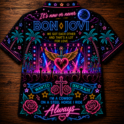 Bon Jovi Hawaiian Shirt - Unisex Front Back Neon Light Heart Dagger Button Up