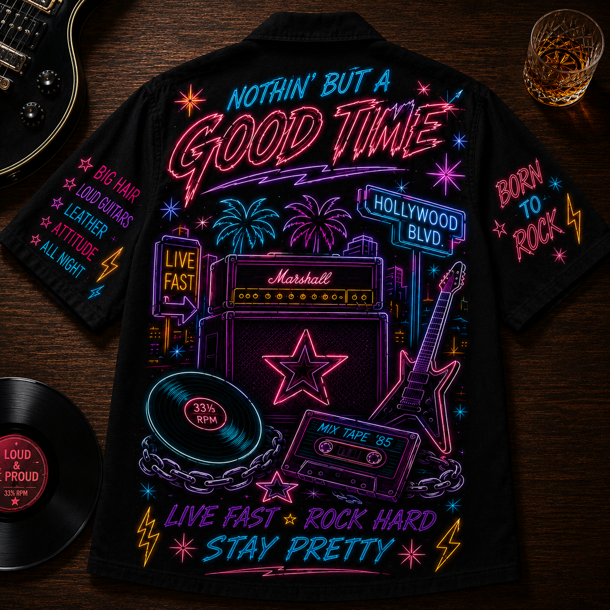 Glam Metal Hawaiian Shirt - Unisex Front Back Neon Light Flying V Guitar Button Up