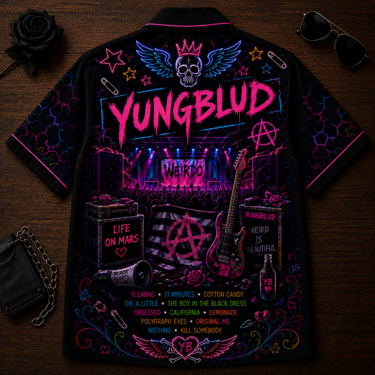 Yungblud Hawaiian Shirt - Unisex Neon Light London Big Ben Button Up