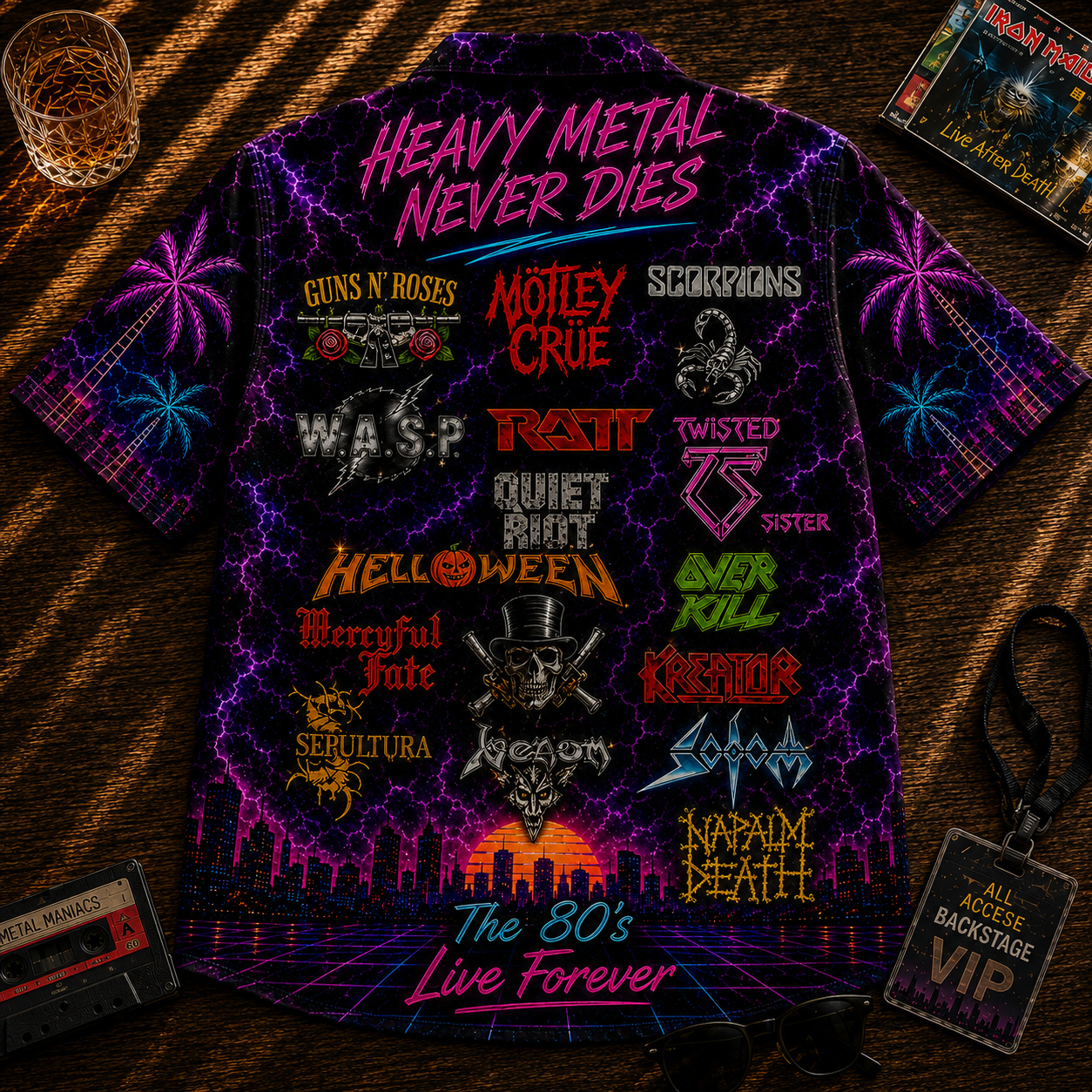 Heavy Metal Hawaiian Shirt - Unisex Thrash Metal Vintage Neon Light Button Up