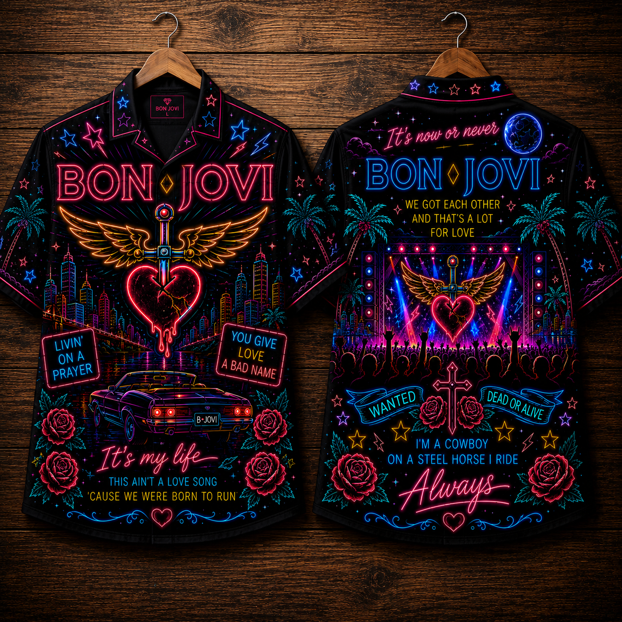 Bon Jovi Hawaiian Shirt - Unisex Front Back Neon Light Heart Dagger Button Up