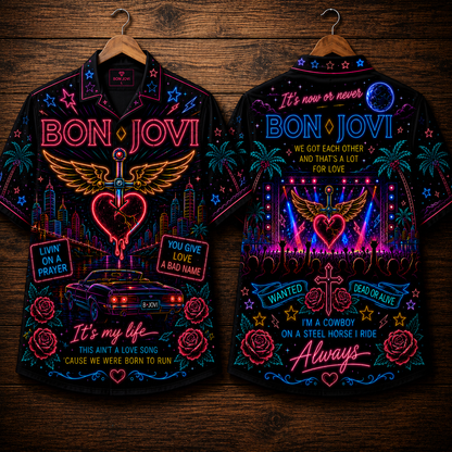 Bon Jovi Hawaiian Shirt - Unisex Front Back Neon Light Heart Dagger Button Up