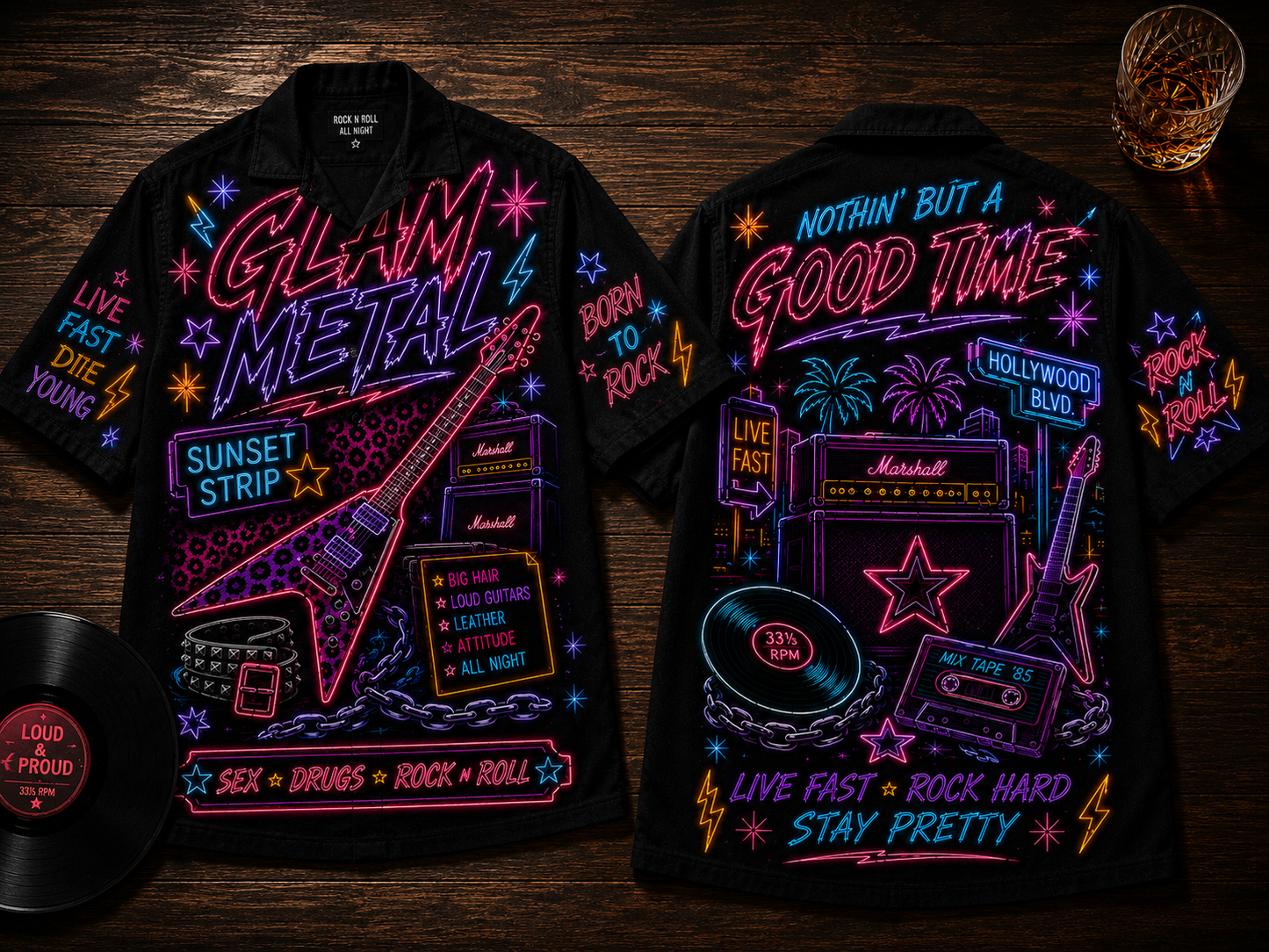 Glam Metal Hawaiian Shirt - Unisex Front Back Neon Light Flying V Guitar Button Up